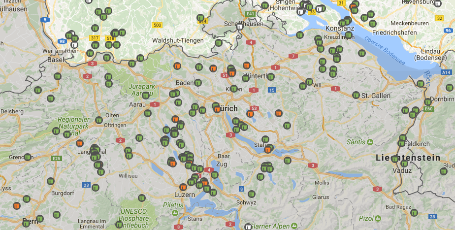 Grafik: In 2017 installierte E3/DC-Systeme der Schweiz (OpenStreetMap) https://www.e3dc.com/produkte/deutschland-live/
