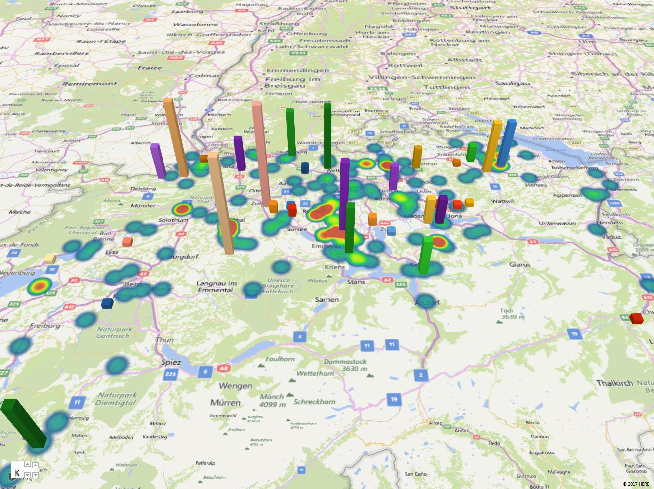 Grafik: Vergleich von installierten E3/DC Anlagen und E3/DC Installationsbetrieben der Schweiz (Microsoft Bing Maps 2017)