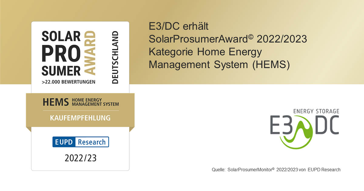 E3/DC erhält SolarProsumerAward© 2022/23 in der Kategorie Home Energy Management System