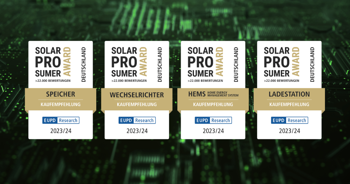 Erneute Auszeichnung mit SolarProsumerAward© 2023/24 in 4 Kategorien